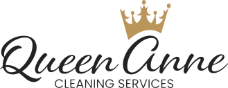 Logo for Queen Anne house cleaning services in Seattle featuring a gold crown above the stylized black text of the company name.