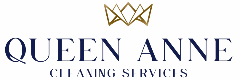 Logo for Queen Anne Cleaning Services featuring a gold crown above the company name in dark blue capital letters, creating a regal and polished look.