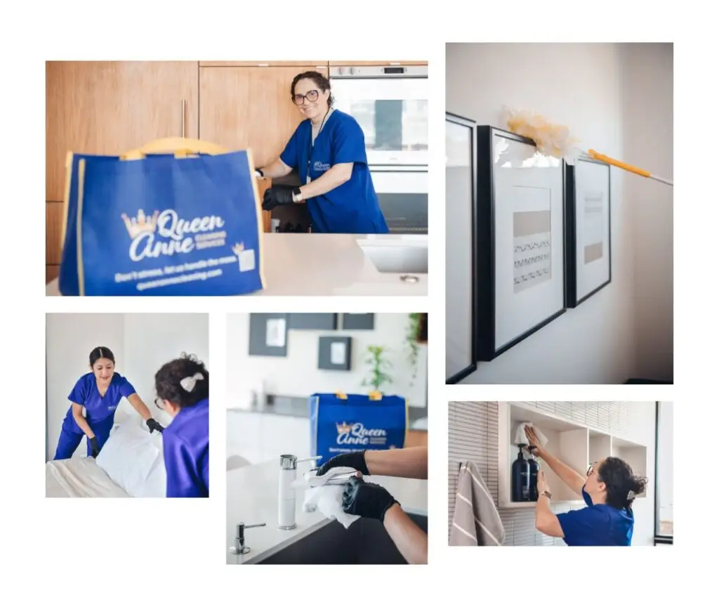 Collage of a professional house cleaning service at work: a person in blue uniform cleans kitchen cabinets, dusts wall art, makes a bed, washes a faucet, and organizes a shelf. Queen Anne cleaning supplies bag visible. Perfect for anyone searching for top-notch house cleaning services near me.