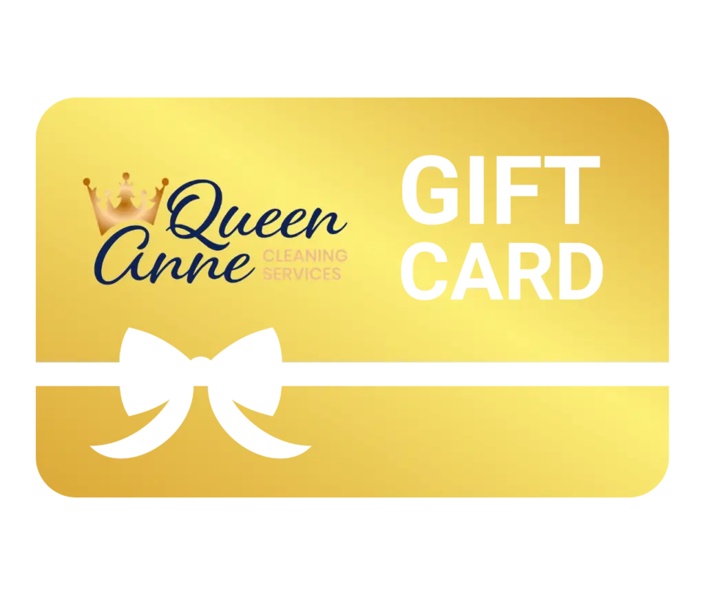 A golden gift card featuring a black bow design and the text "Queen Anne Cleaning Services" along with the words "Gift Card." Perfect for those who prefer gift vouchers for convenience and elegance.