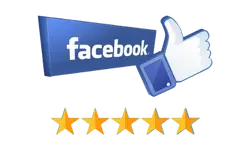Facebook logo with a thumbs-up icon above a row of five golden stars, indicating a five-star rating for house cleaning services near me.