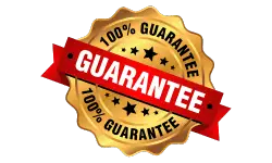 Gold seal with the text "100% GUARANTEE" around the edge and a red ribbon across the center reading "GUARANTEE" in white. Perfect for promoting top-notch house cleaning services, the seal features star decorations.