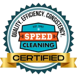 A circular certification badge displaying "Quality. Efficiency. Consistency." features "Speed Cleaning" with "Certified" on a ribbon at the bottom, highlighting top-notch maid services for office cleaning and house cleaning services near me.