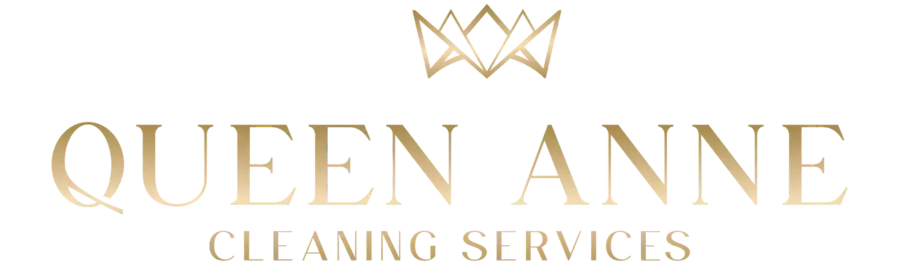 Logo for Queen Anne Cleaning Services, featuring a stylized gold crown above the company name in gold capital letters on a transparent background.