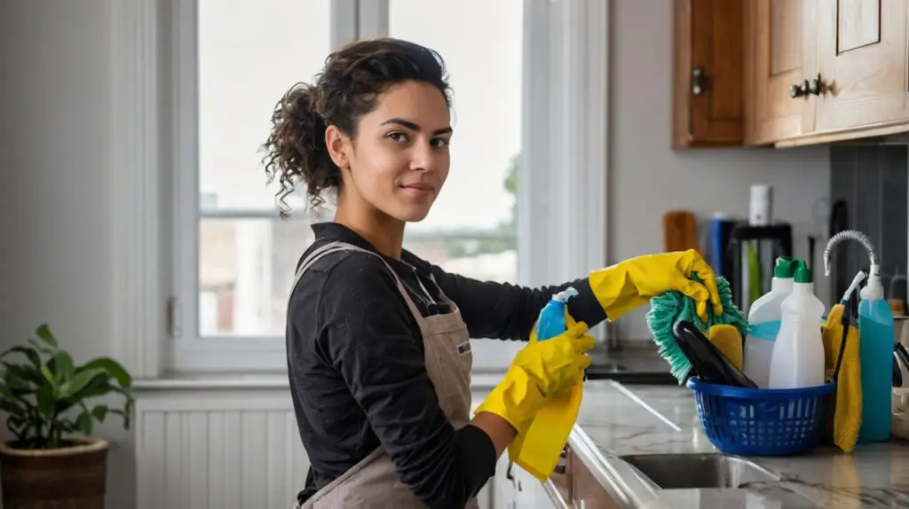 Woman wearing yellow gloves cleaning a kitchen counter with supplies in a basket, looking at the camera—taking steps to reduce dust and keep the space spotless.