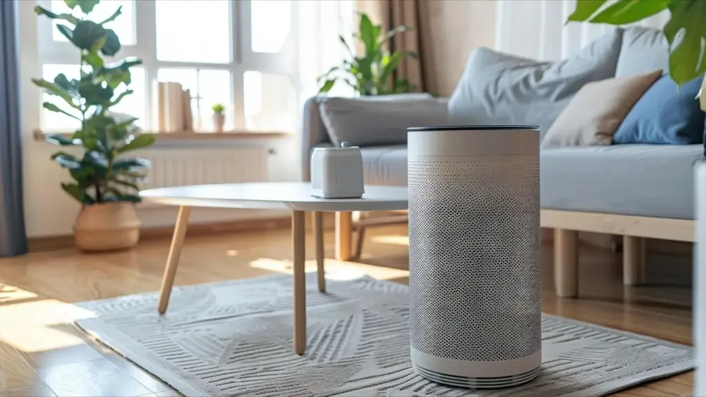 A modern air purifier on a rug in a bright living room with a sofa, plants, and a coffee table enhances indoor air quality in Seattle homes.