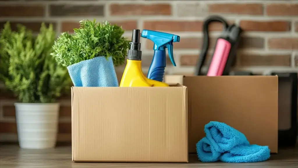 A cardboard box with cleaning supplies and a plant, next to a cloth and another box, on a table—perfect essentials for any professional spring cleaning service.