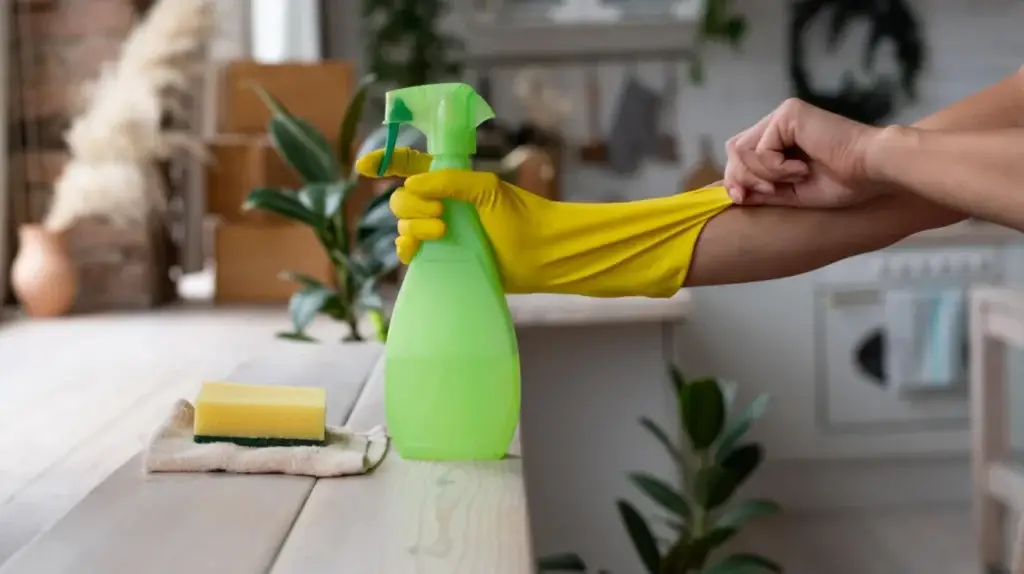 Person putting on a yellow cleaning glove next to a spray bottle and sponge on a kitchen counter, ready to tackle chores with natural cleaning solutions.