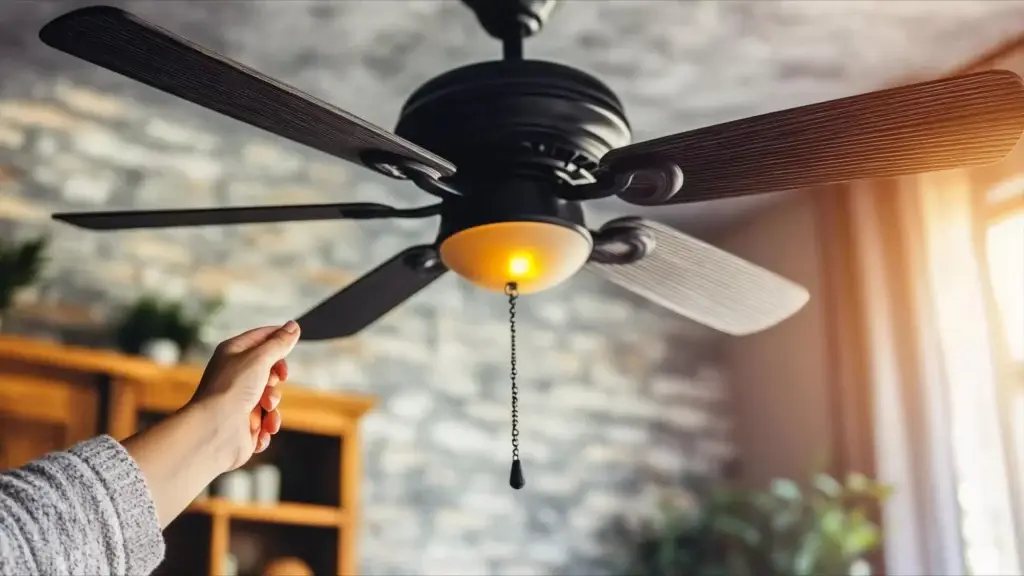 A hand reaches to pull the chain of a ceiling fan in a cozy room with a stone wall background, reminding you that regular ceiling fan cleaning keeps the space fresh and inviting.