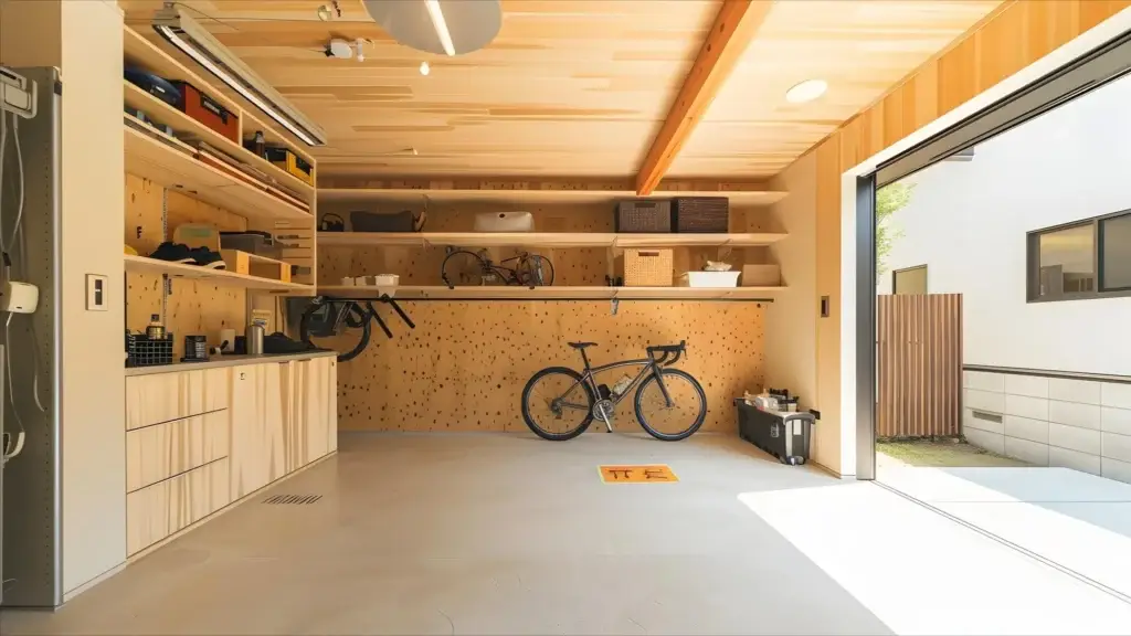 Neatly organized modern garage with bikes, shelves, and tools; sunlight streams in through the open door—a perfect result of following a garage cleaning guide.