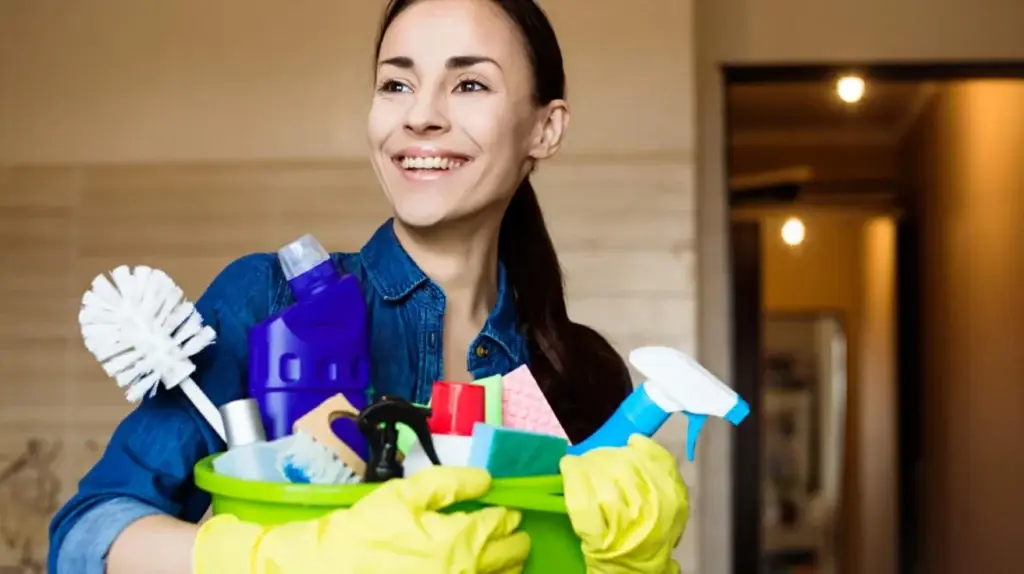 Smiling woman in yellow gloves holding a green bucket filled with cleaning supplies inside a home, ready to tackle her cleaning schedule.