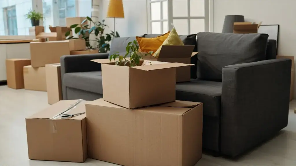 Cardboard moving boxes and a potted plant are stacked in front of a grey sofa in a bright living room, ready for unpacking and following the move-in cleaning checklist.