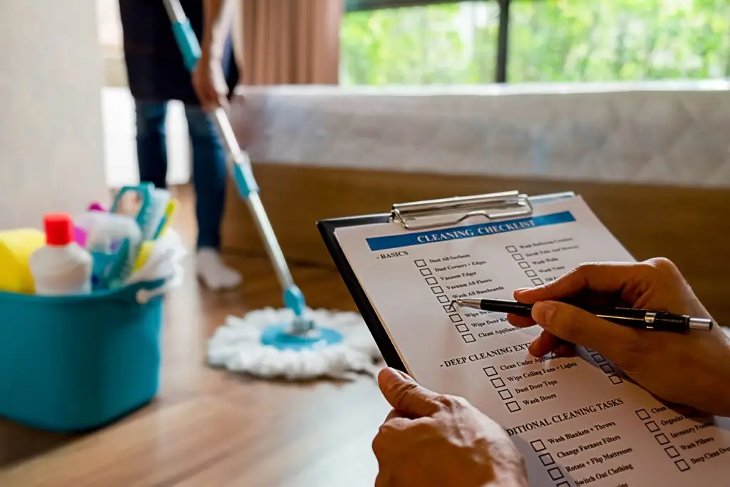 A person holds an Apartment Cleaning Checklist while another mops a bedroom floor near a bucket of cleaning supplies—perfect for Seattle Renters looking to keep their space spotless.