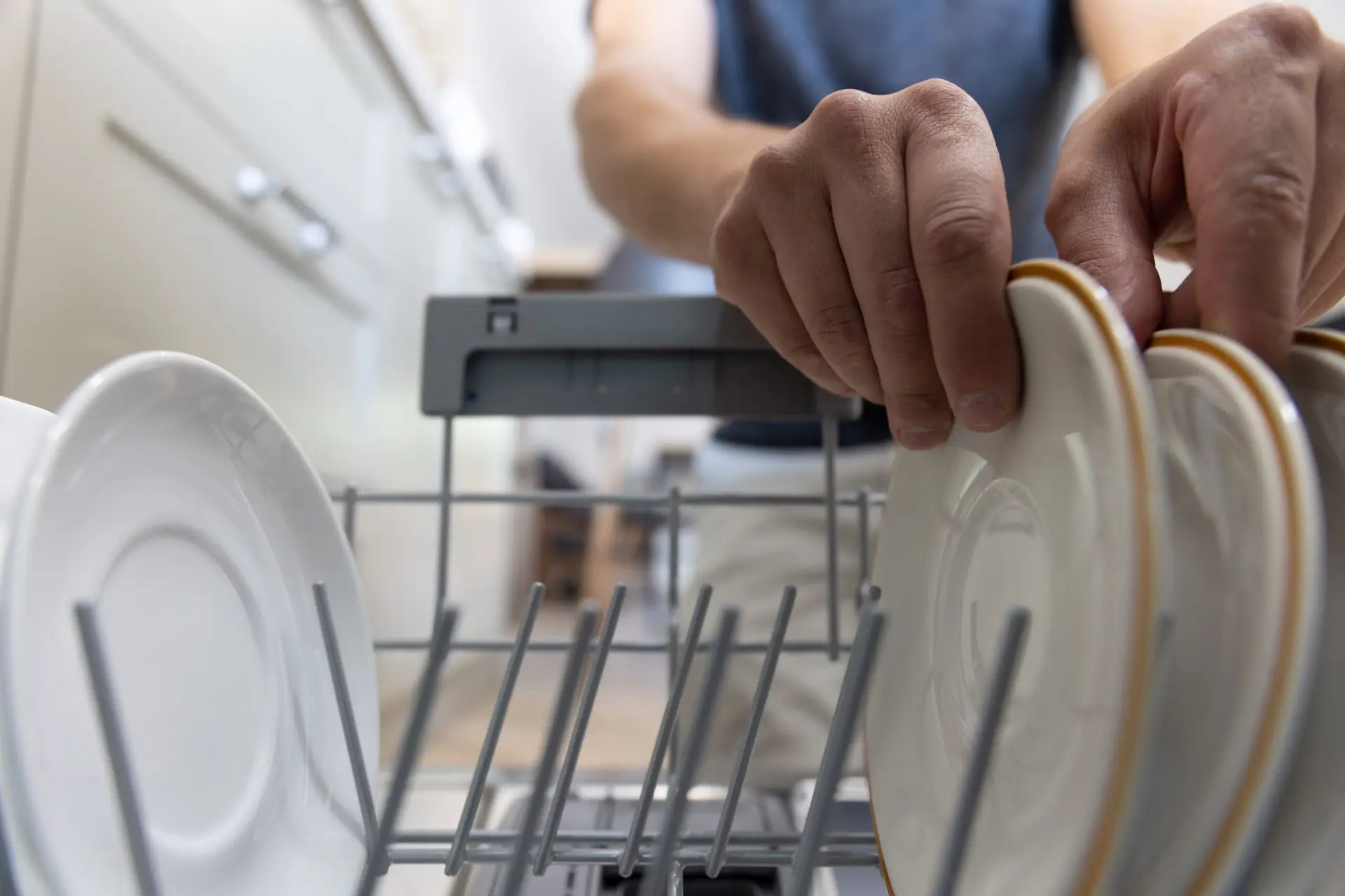 A person loading white plates into a dishwasher, viewed from inside the clean dishwasher.