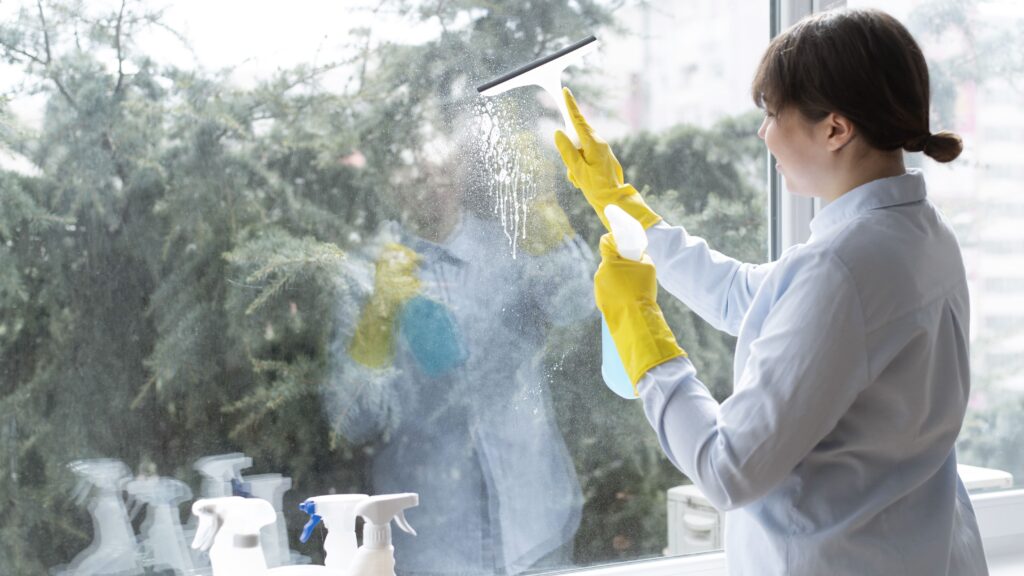 Person wearing yellow gloves cleaning a window with a spray bottle and squeegee, perfect for Seattle homes during rainy season cleaning. Trees are visible outside.