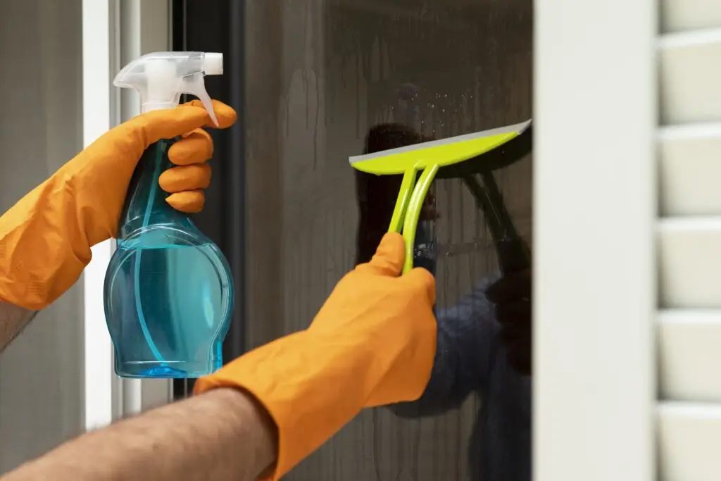 Person wearing orange gloves cleaning a window with spray bottle and squeegee.
