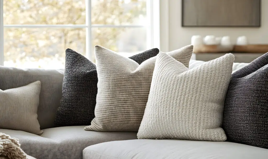 Five textured, clean decorative pillows in neutral tones sit on a light gray sofa near a sunlit window.